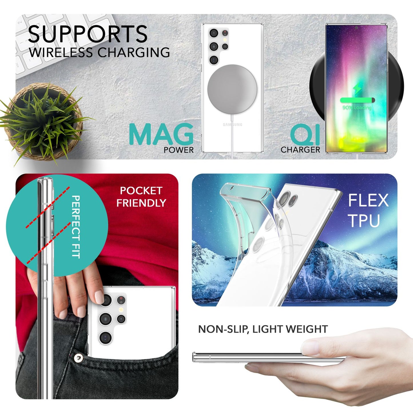 Glært sílikonhulstur fyrir Samsung Galaxy S23 Ultra, tvöfaldur skjávörn og myndavélarvörn