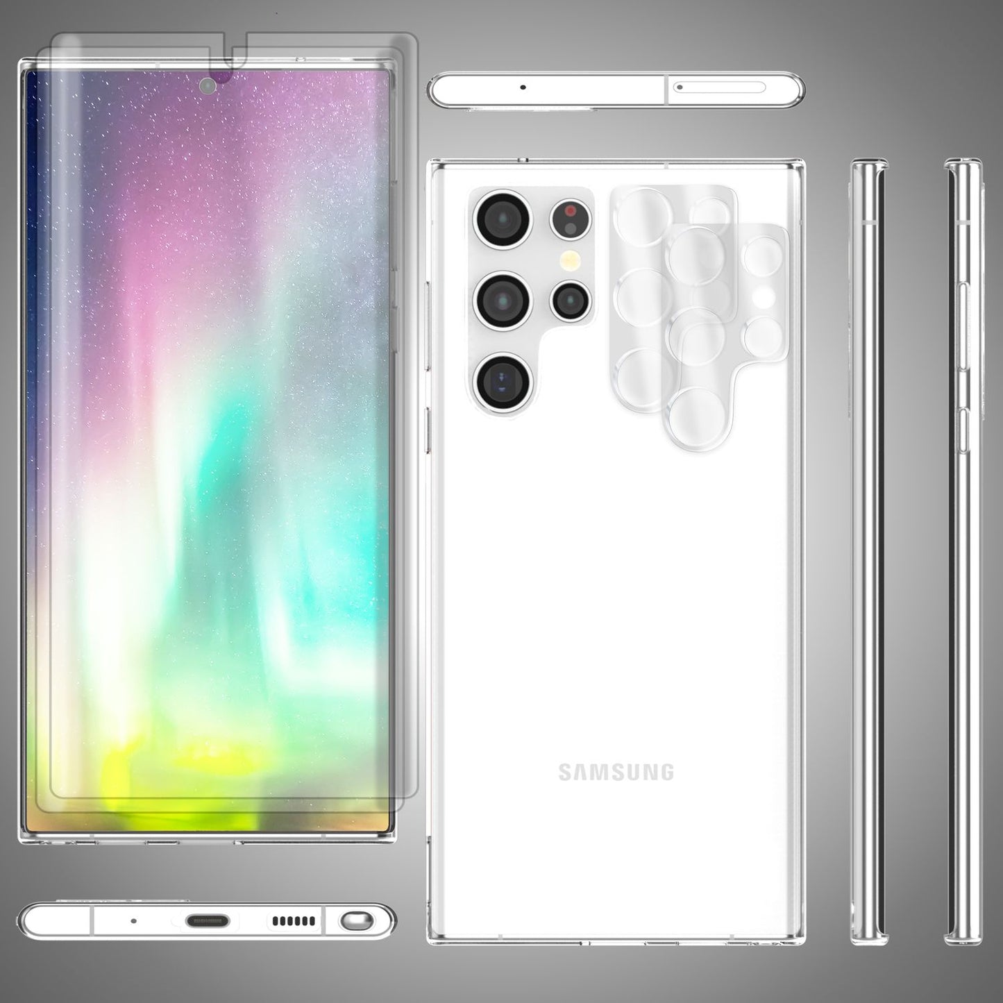 Glært sílikonhulstur fyrir Samsung Galaxy S23 Ultra, tvöfaldur skjávörn og myndavélarvörn