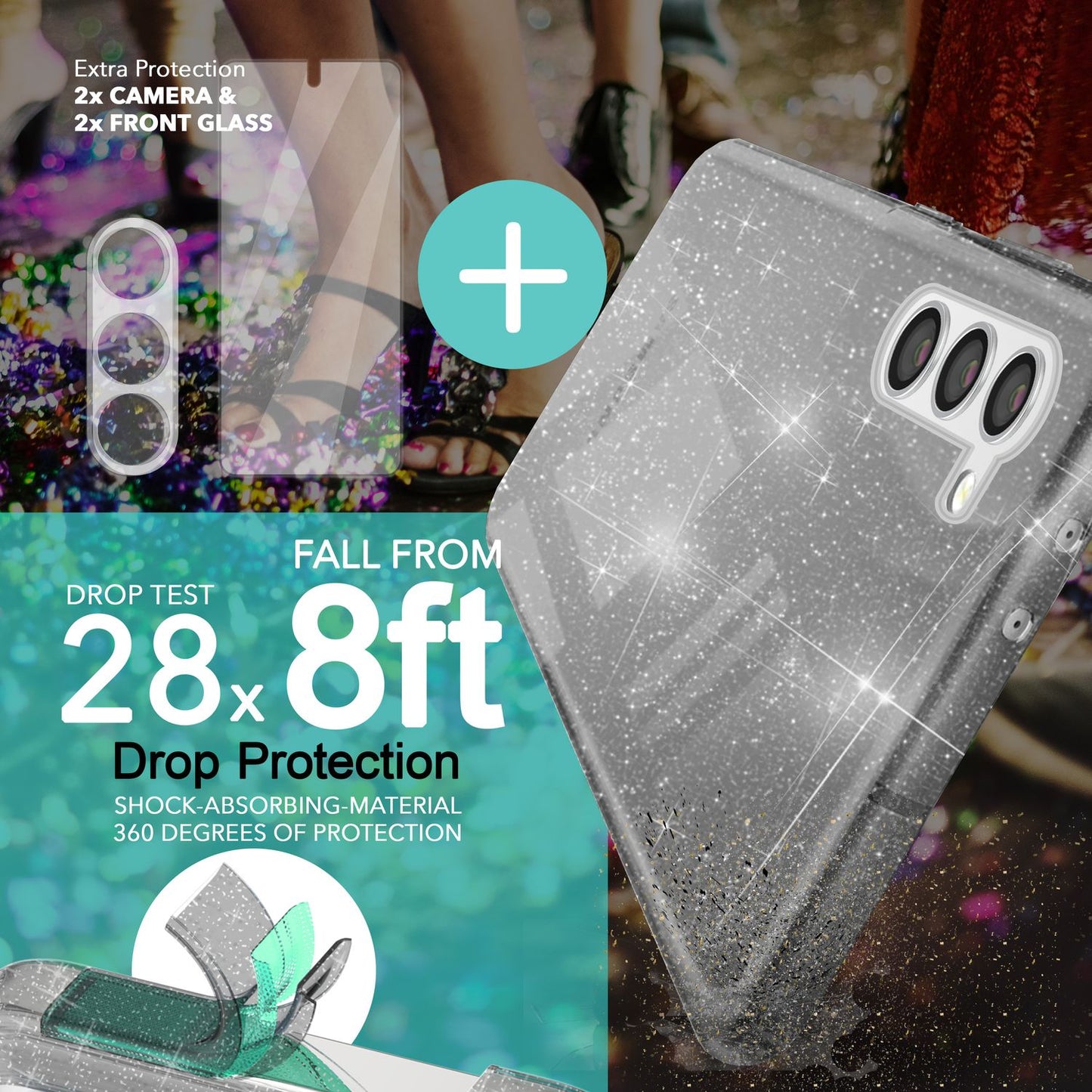 Glitter case for Samsung Galaxy S23, 2x screen protector &amp; camera protector