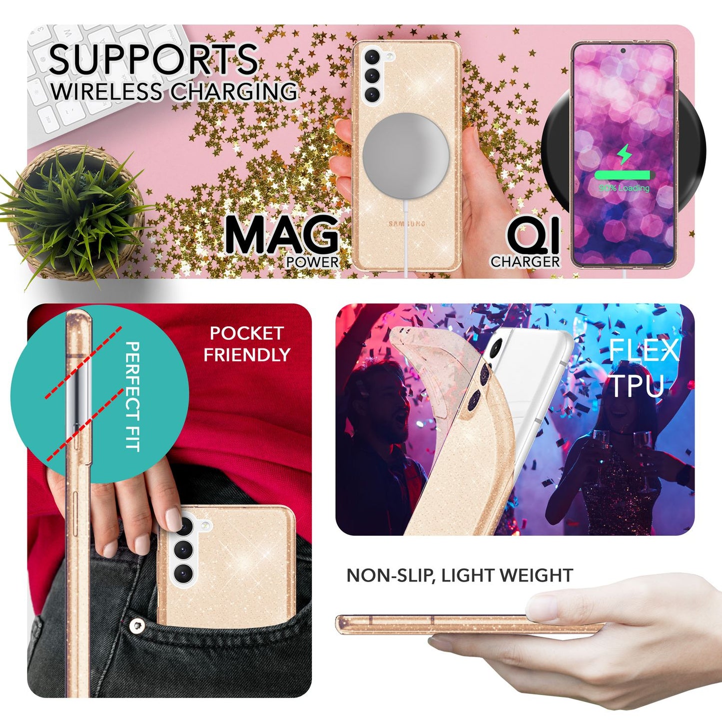 Glitter case for Samsung Galaxy S23, 2x screen protector &amp; camera protector