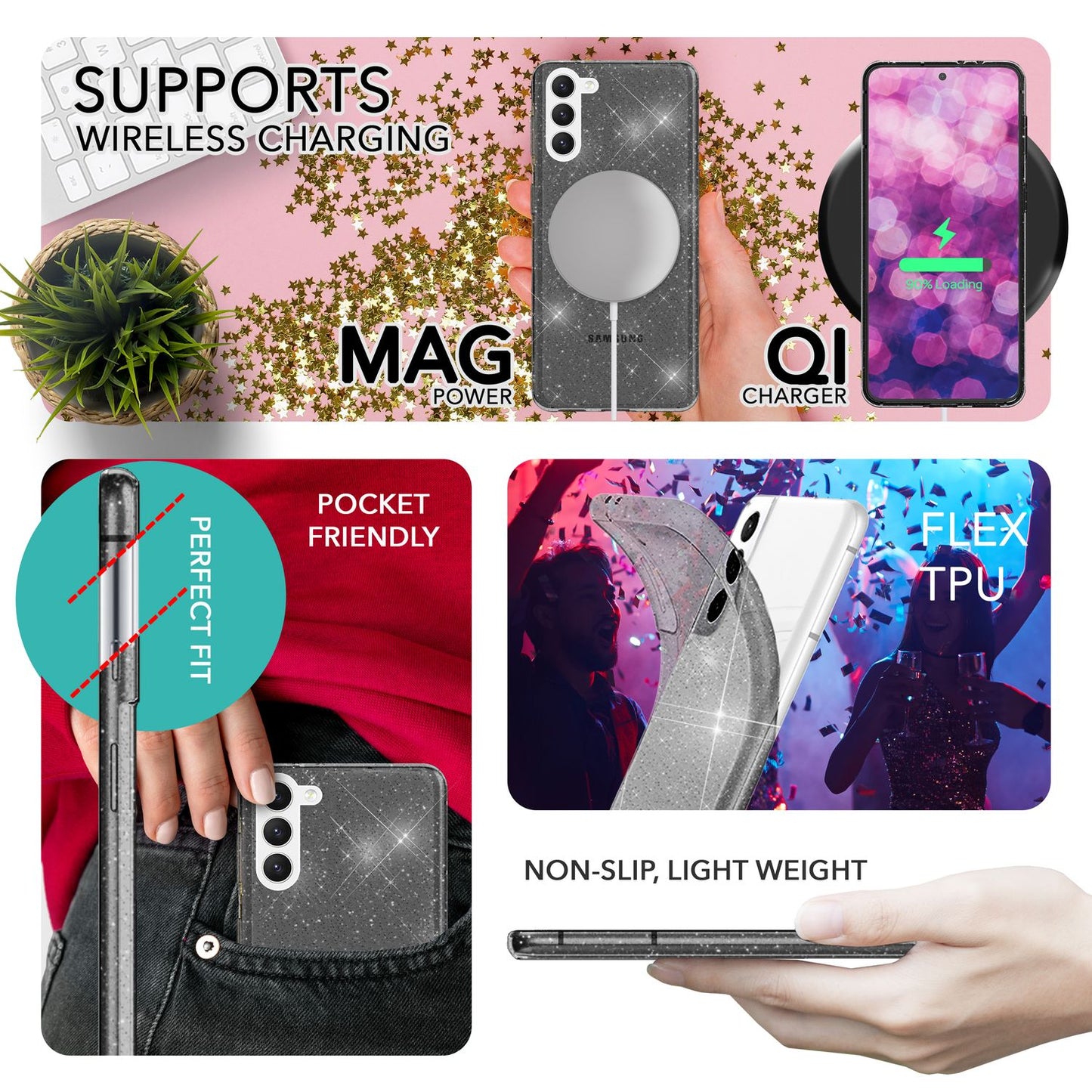 Glitter case for Samsung Galaxy S23, 2x screen protector &amp; camera protector