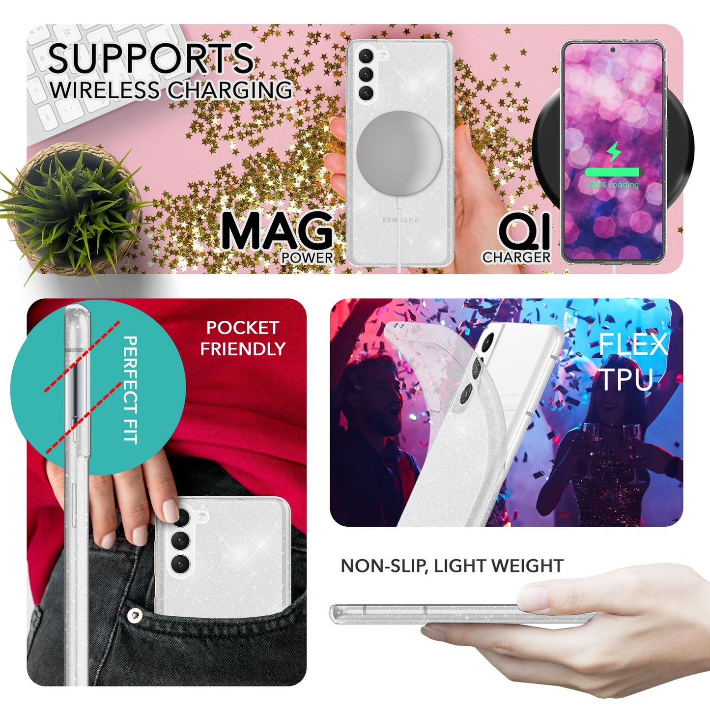 Glitrandi hulstur fyrir Samsung Galaxy S23 Plus, skjá- og myndavélarvörn