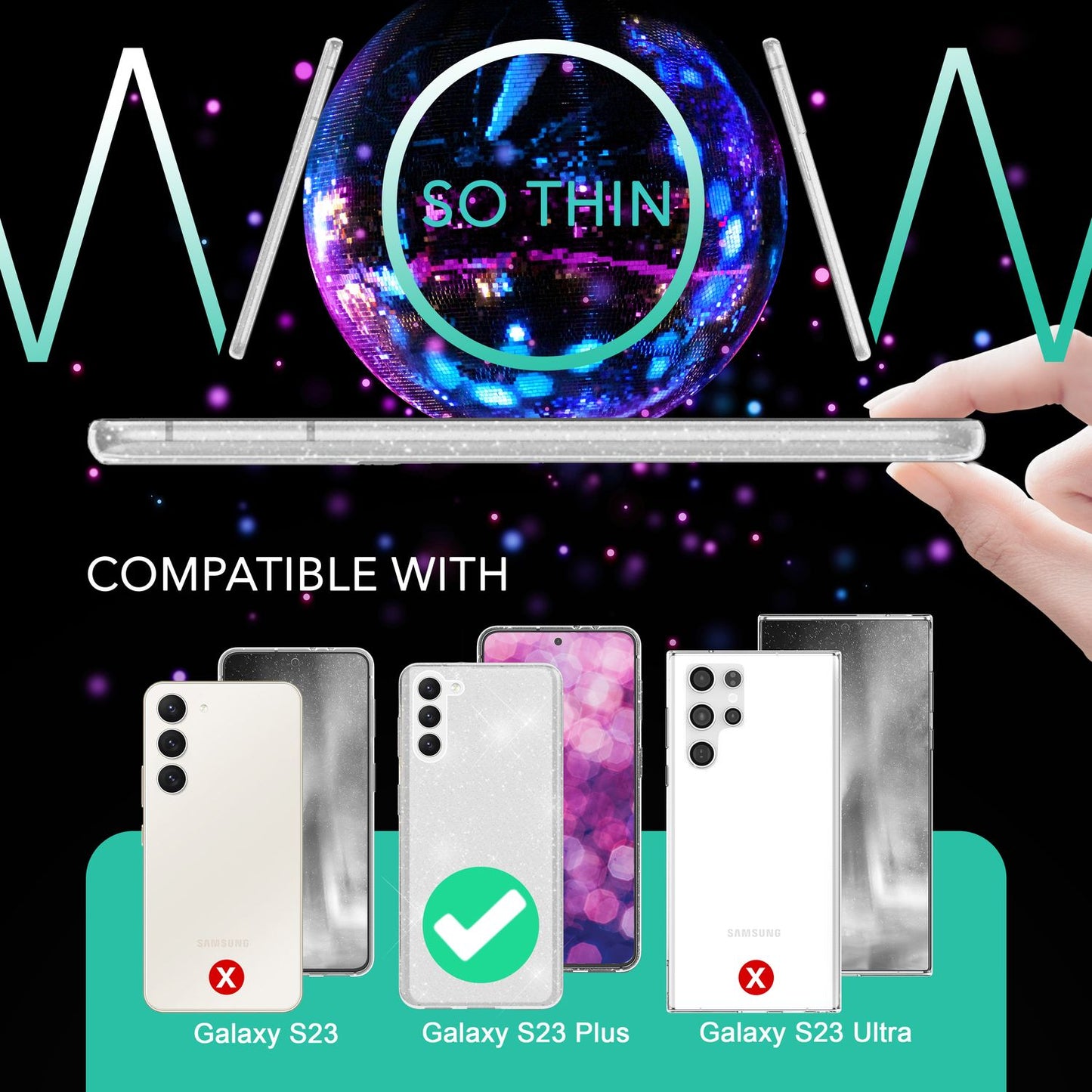 Glitrandi hulstur fyrir Samsung Galaxy S23 Plus, skjá- og myndavélarvörn