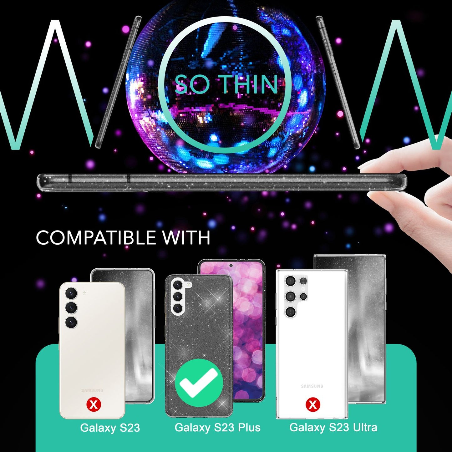 Glitrandi hulstur fyrir Samsung Galaxy S23 Plus, skjá- og myndavélarvörn