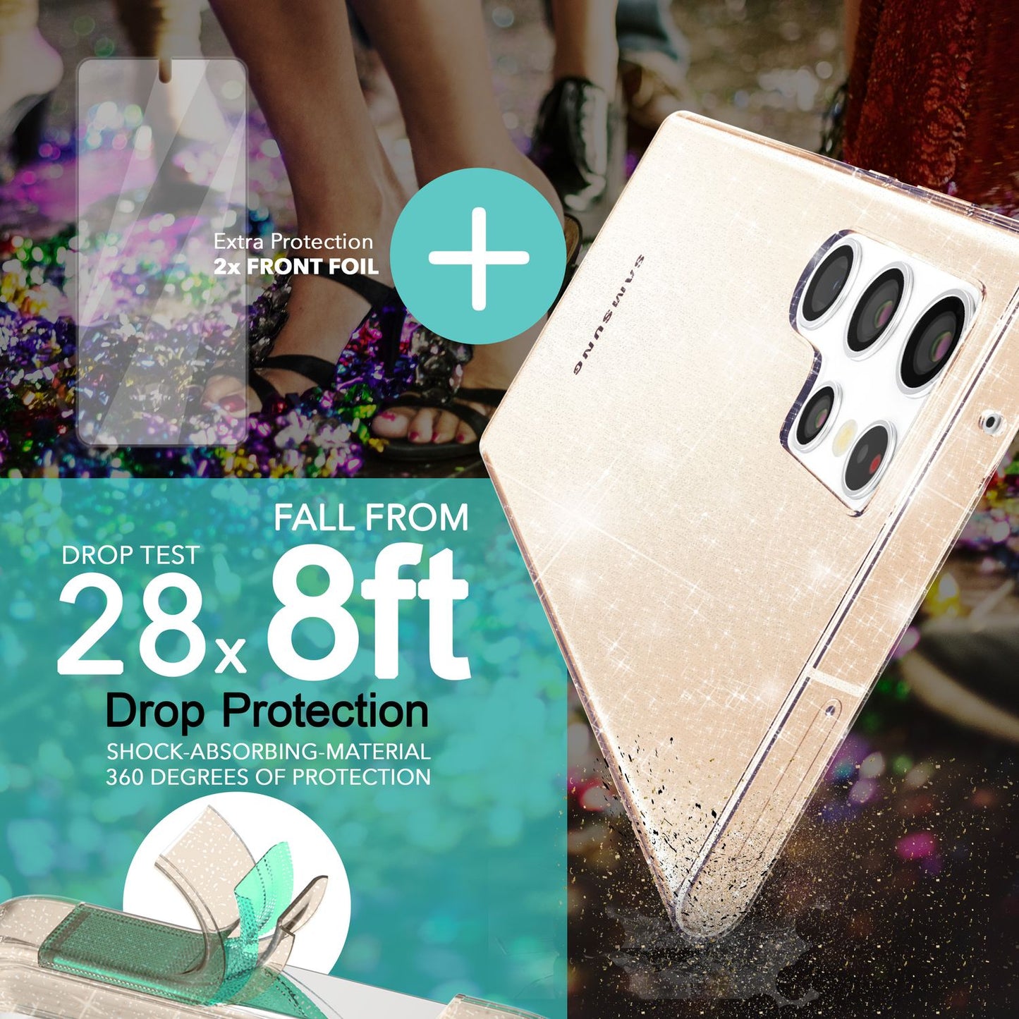 Glitzer Hülle für Samsung Galaxy S23 Ultra, 2x Displayschutz Folie