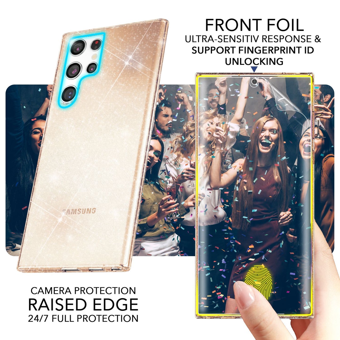 Glitzer Hülle für Samsung Galaxy S23 Ultra, 2x Displayschutz Folie