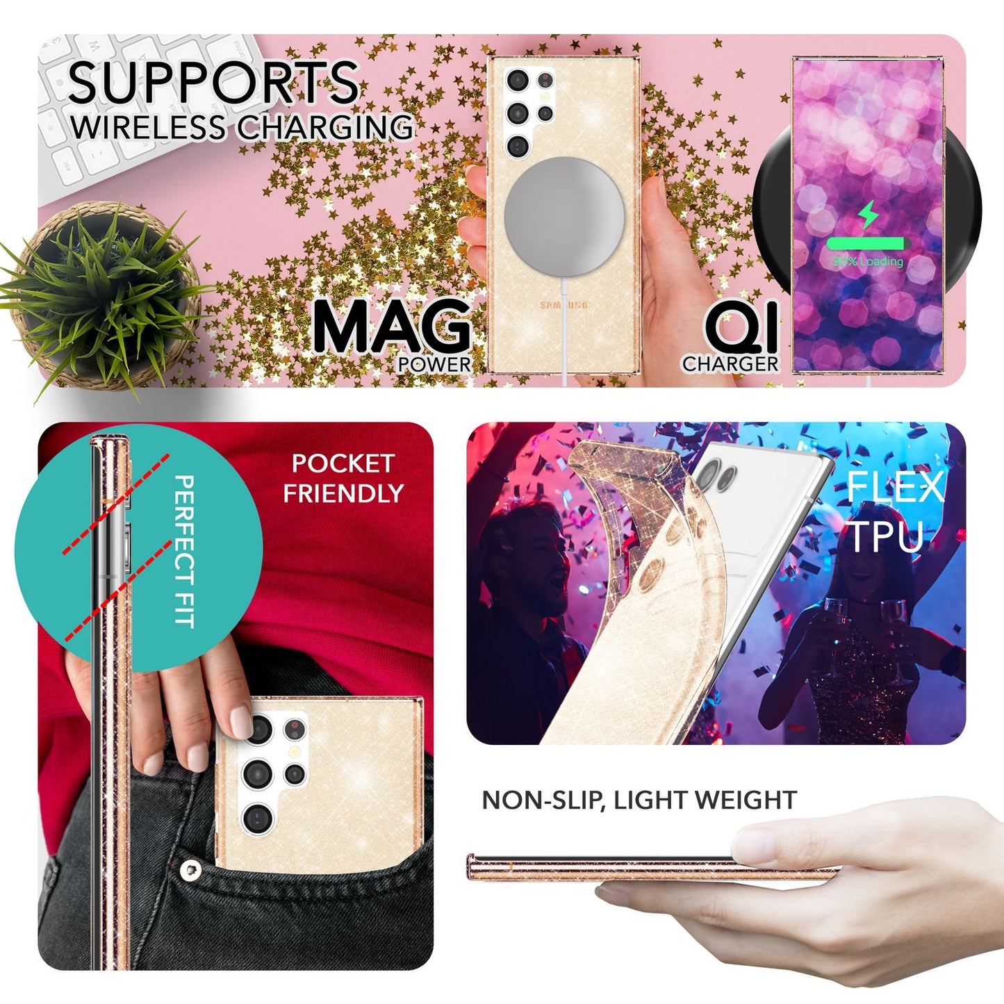 Glitzer Hülle für Samsung Galaxy S23 Ultra, 2x Displayschutz Folie