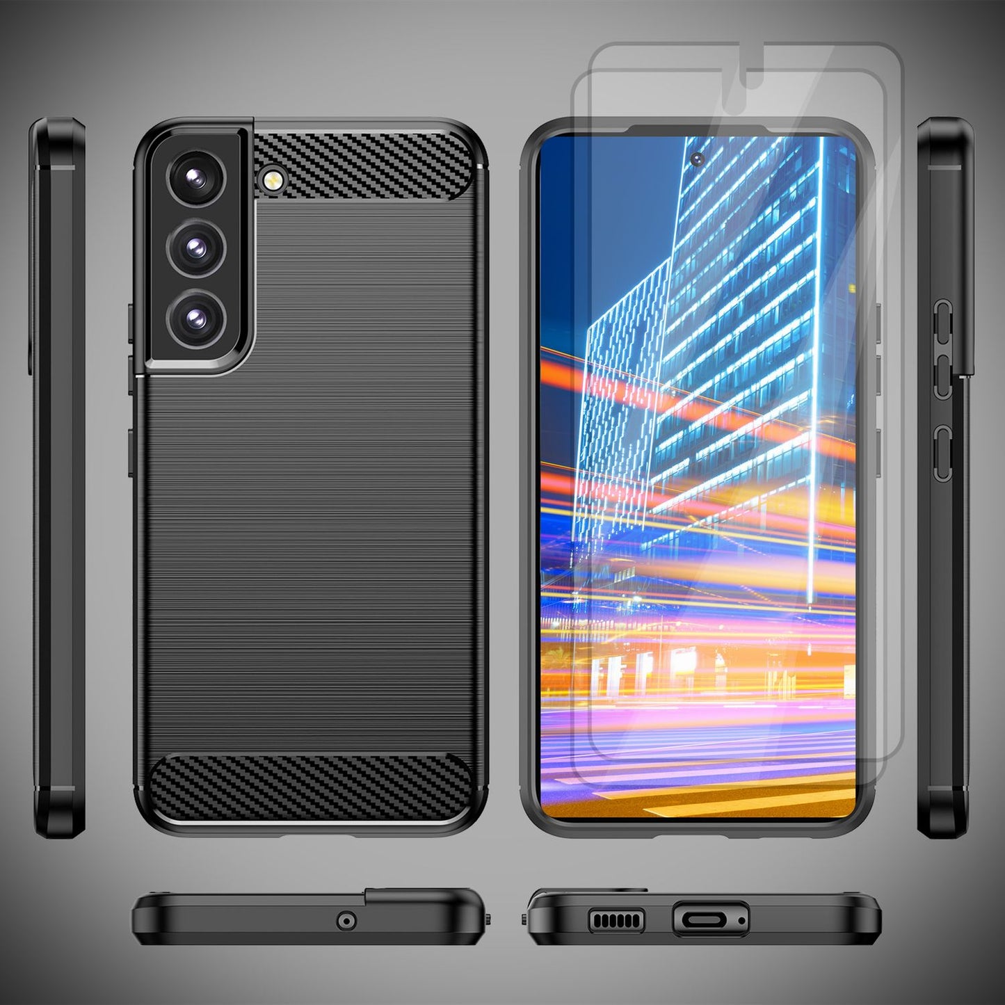 Carbon Look Case for Samsung Galaxy S23, 2x Glass Screen Protectors, Matte Black