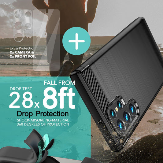 Kolefnisútlitshlíf fyrir Samsung Galaxy S23 Ultra, tvöfaldur skjávörn og myndavélarvörn