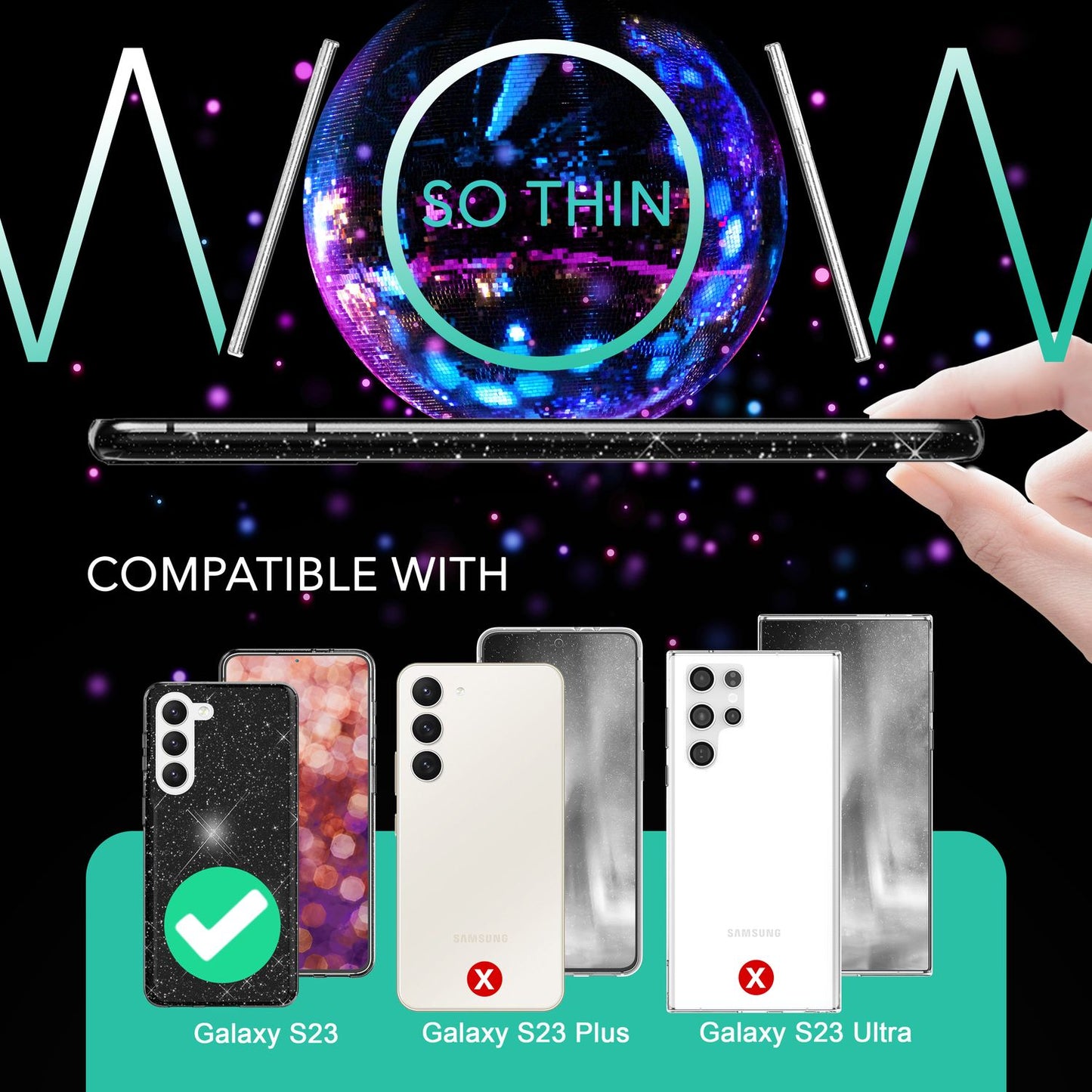 Glitter Hybrid Silicone Case for Samsung Galaxy S23, 2x Screen Protectors