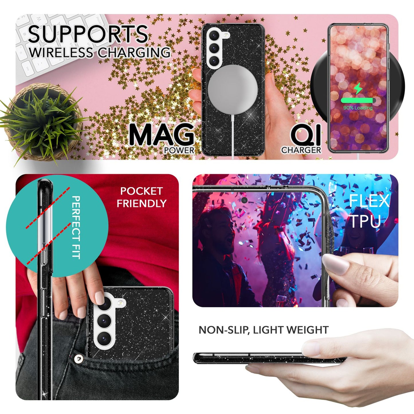 Glitter Hybrid Silicone Case for Samsung Galaxy S23, 2x Screen Protectors