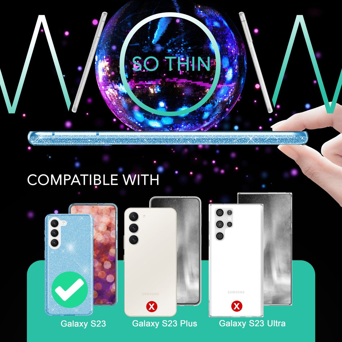 Glitter Hybrid Silicone Case for Samsung Galaxy S23, 2x Screen Protectors