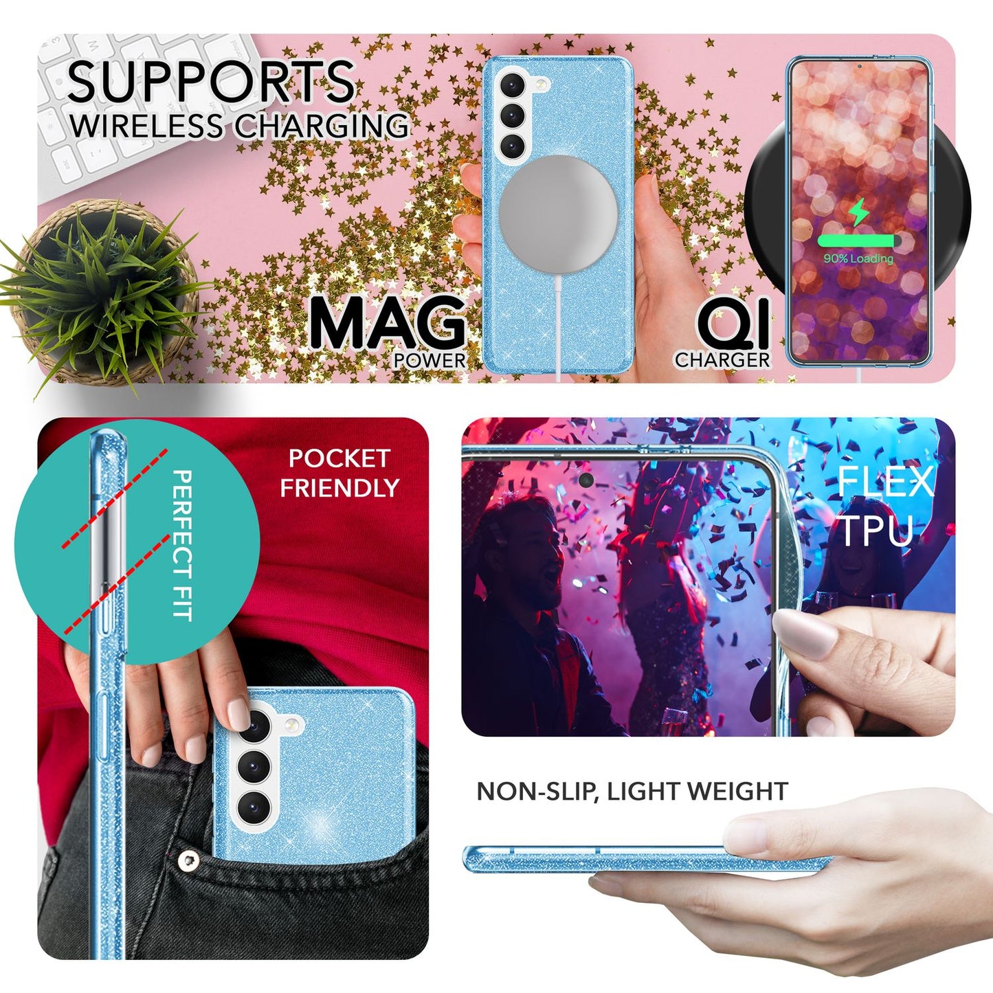 Glitter Hybrid Silicone Case for Samsung Galaxy S23, 2x Screen Protectors