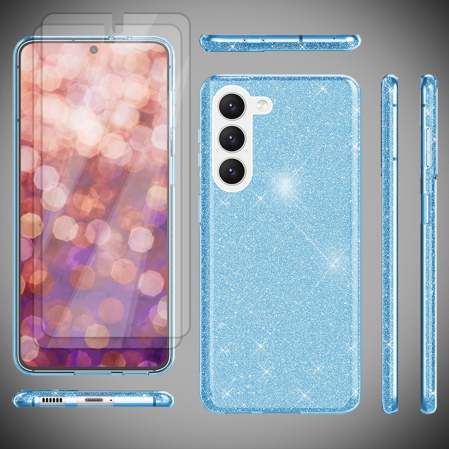 Glitter Hybrid Silicone Case for Samsung Galaxy S23, 2x Screen Protectors