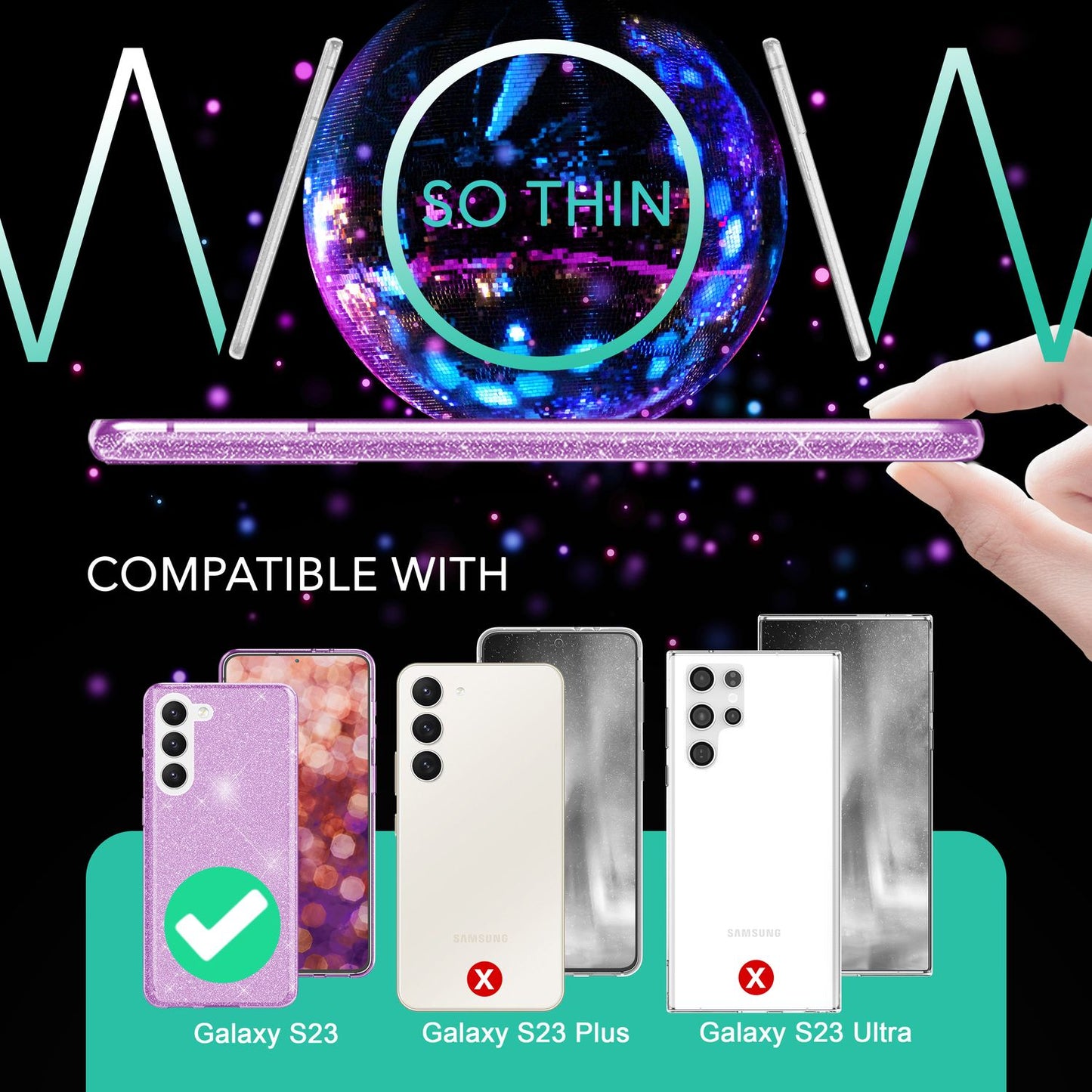 Glitter Hybrid Silicone Case for Samsung Galaxy S23, 2x Screen Protectors