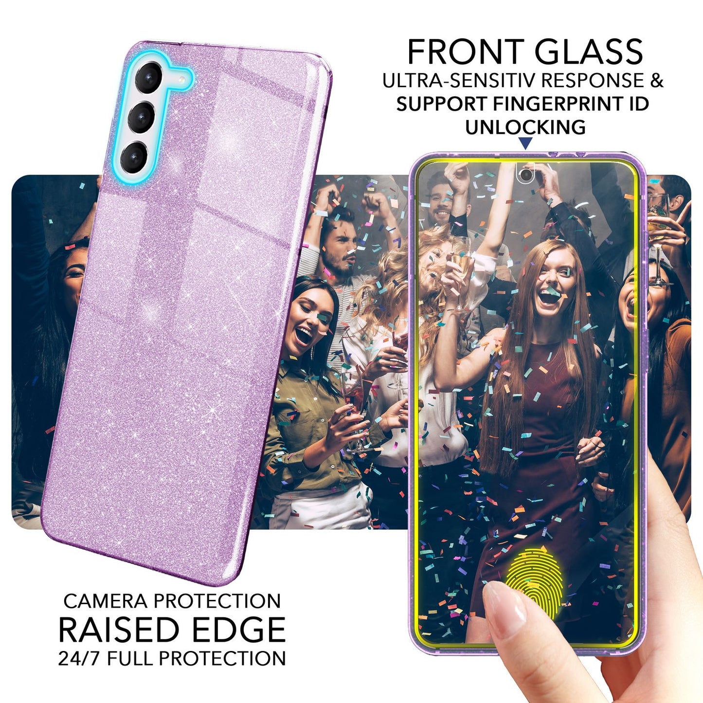 Glitter Hybrid Silicone Case for Samsung Galaxy S23, 2x Screen Protectors