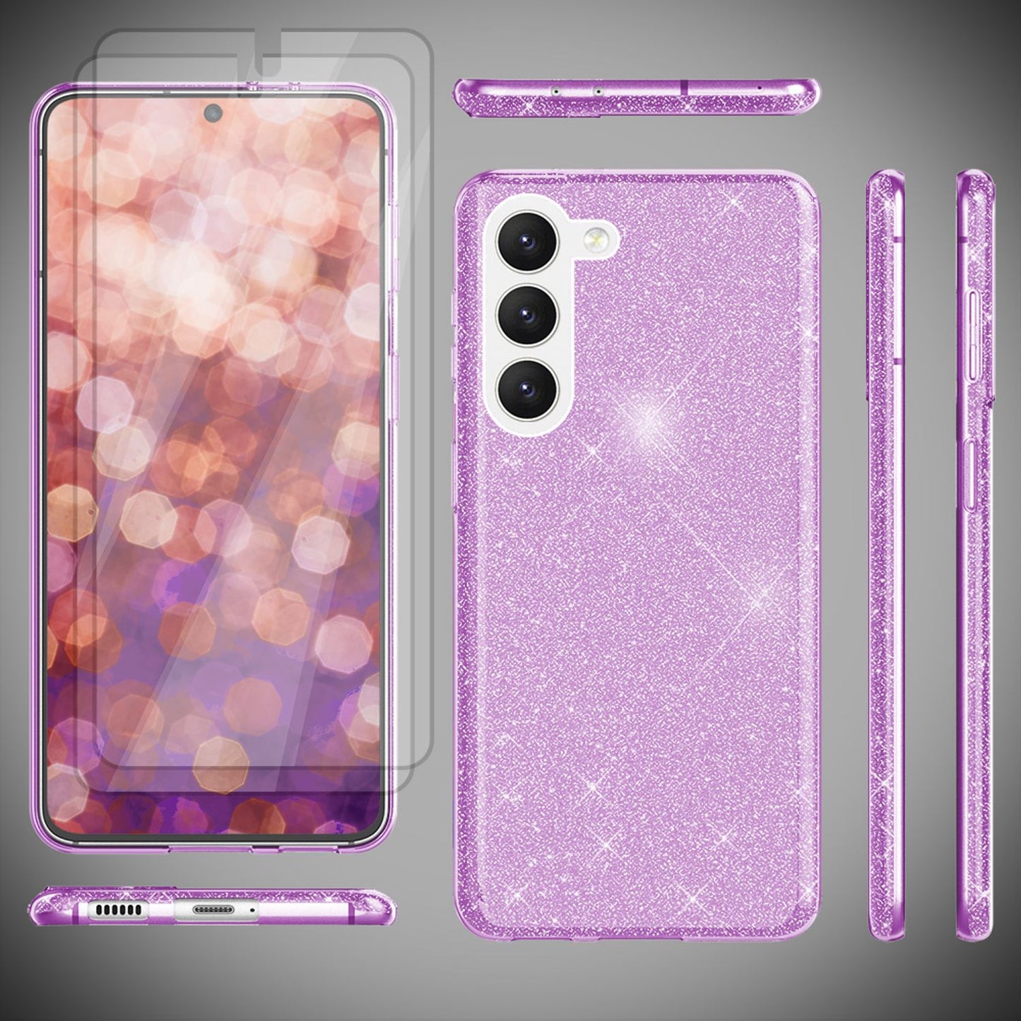 Glitter Hybrid Silicone Case for Samsung Galaxy S23, 2x Screen Protectors