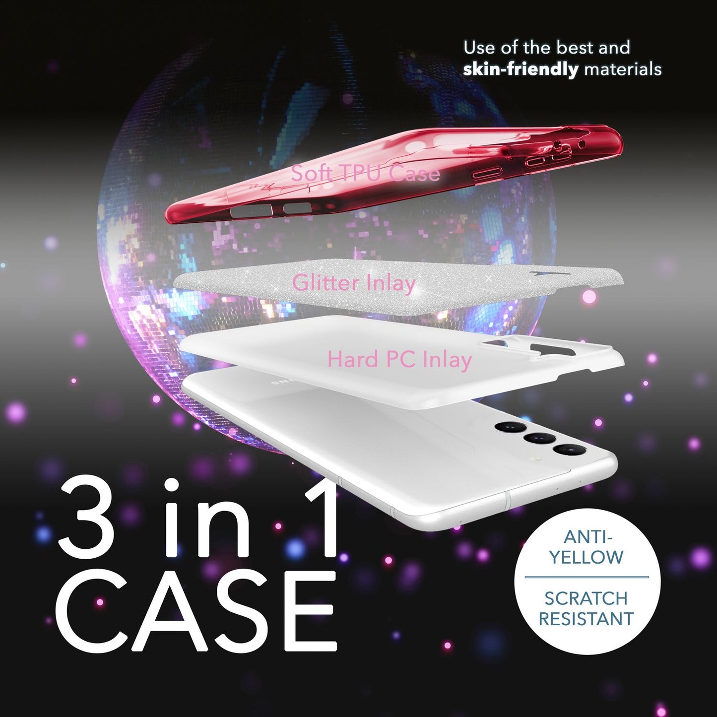 Glitter Hybrid Silicone Case for Samsung Galaxy S23, 2x Screen Protectors