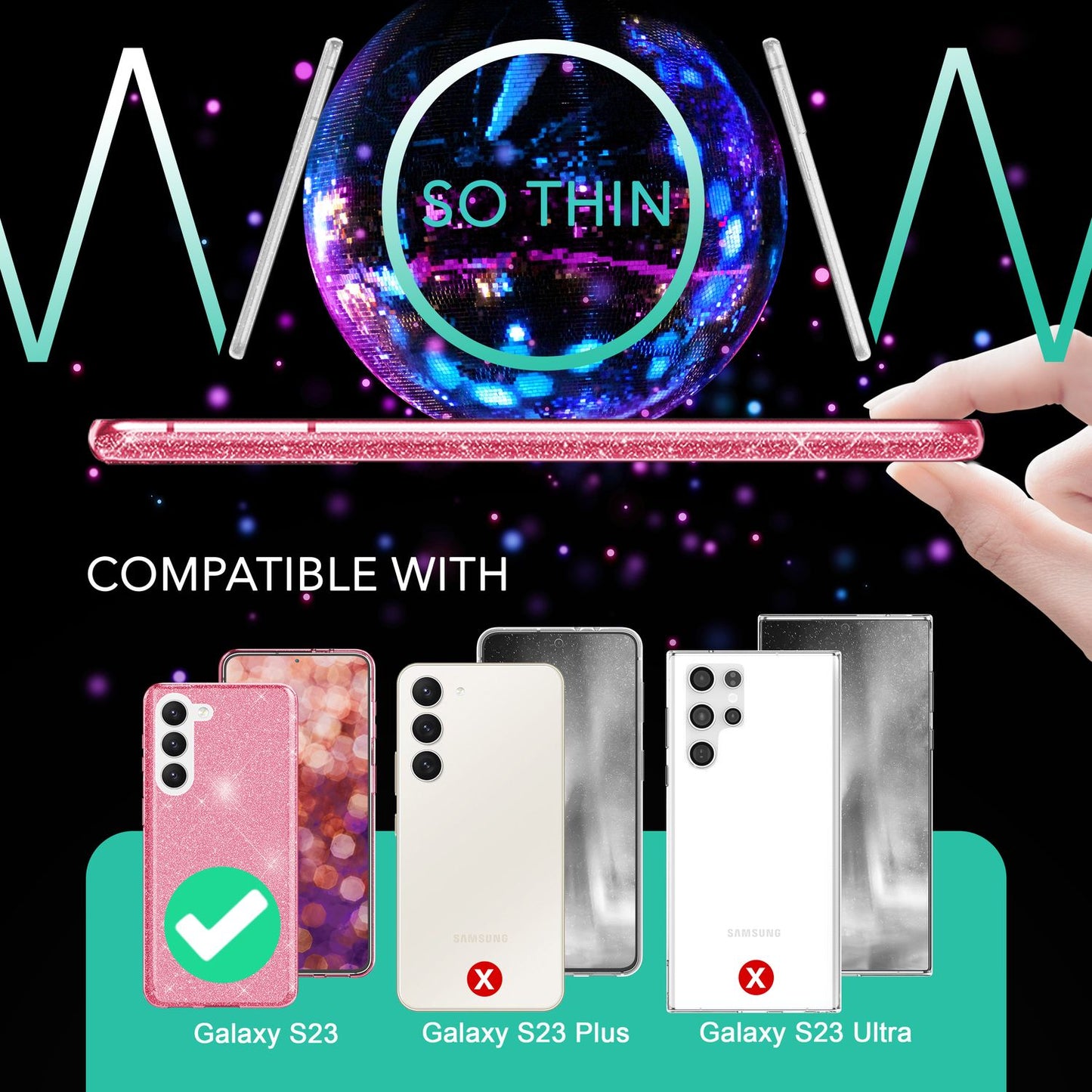 Glitter Hybrid Silicone Case for Samsung Galaxy S23, 2x Screen Protectors