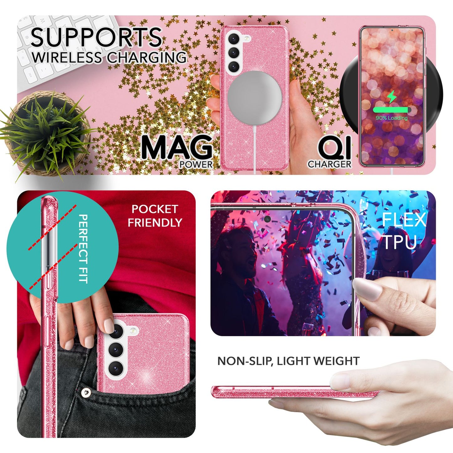 Glitter Hybrid Silicone Case for Samsung Galaxy S23, 2x Screen Protectors