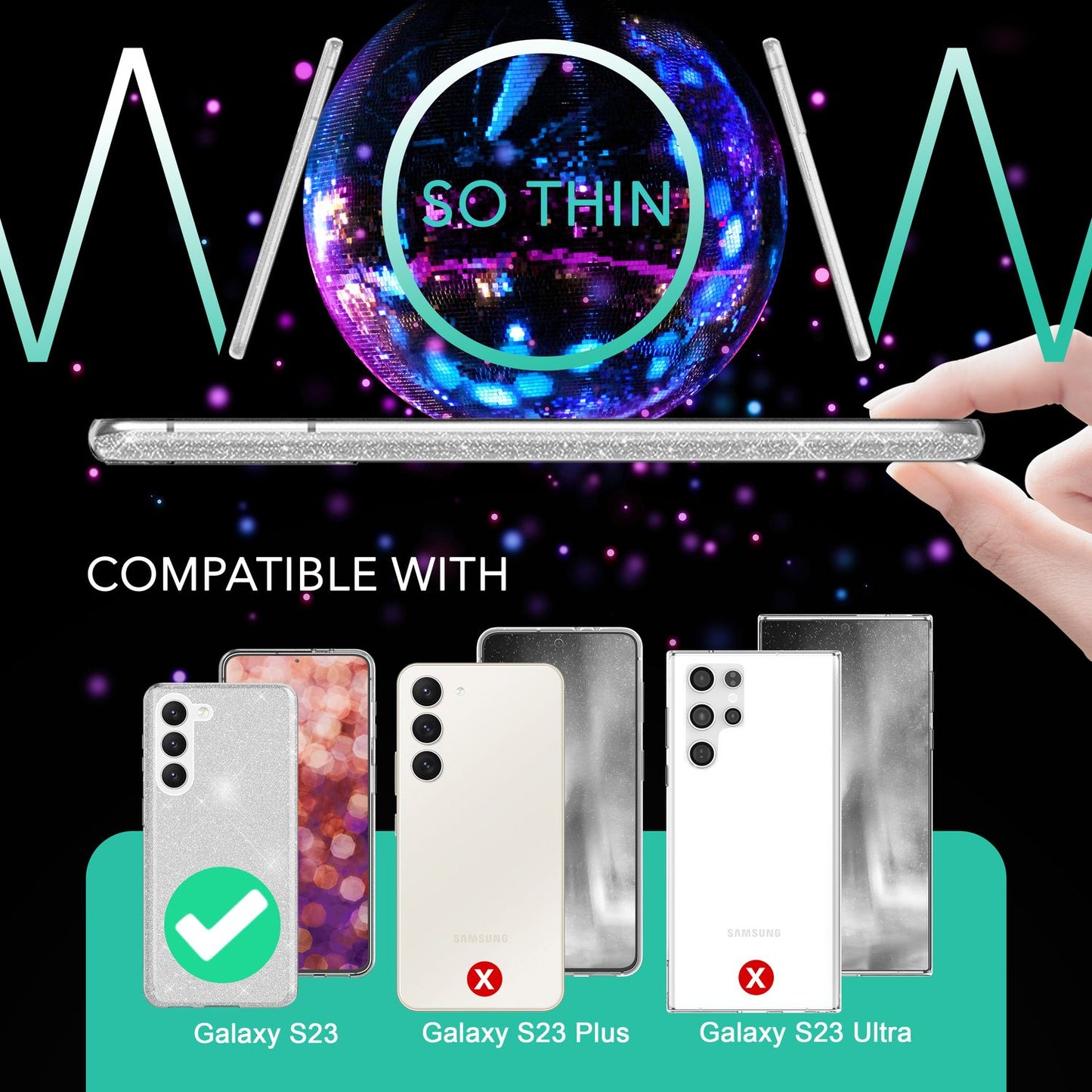 Glitter Hybrid Silicone Case for Samsung Galaxy S23, 2x Screen Protectors