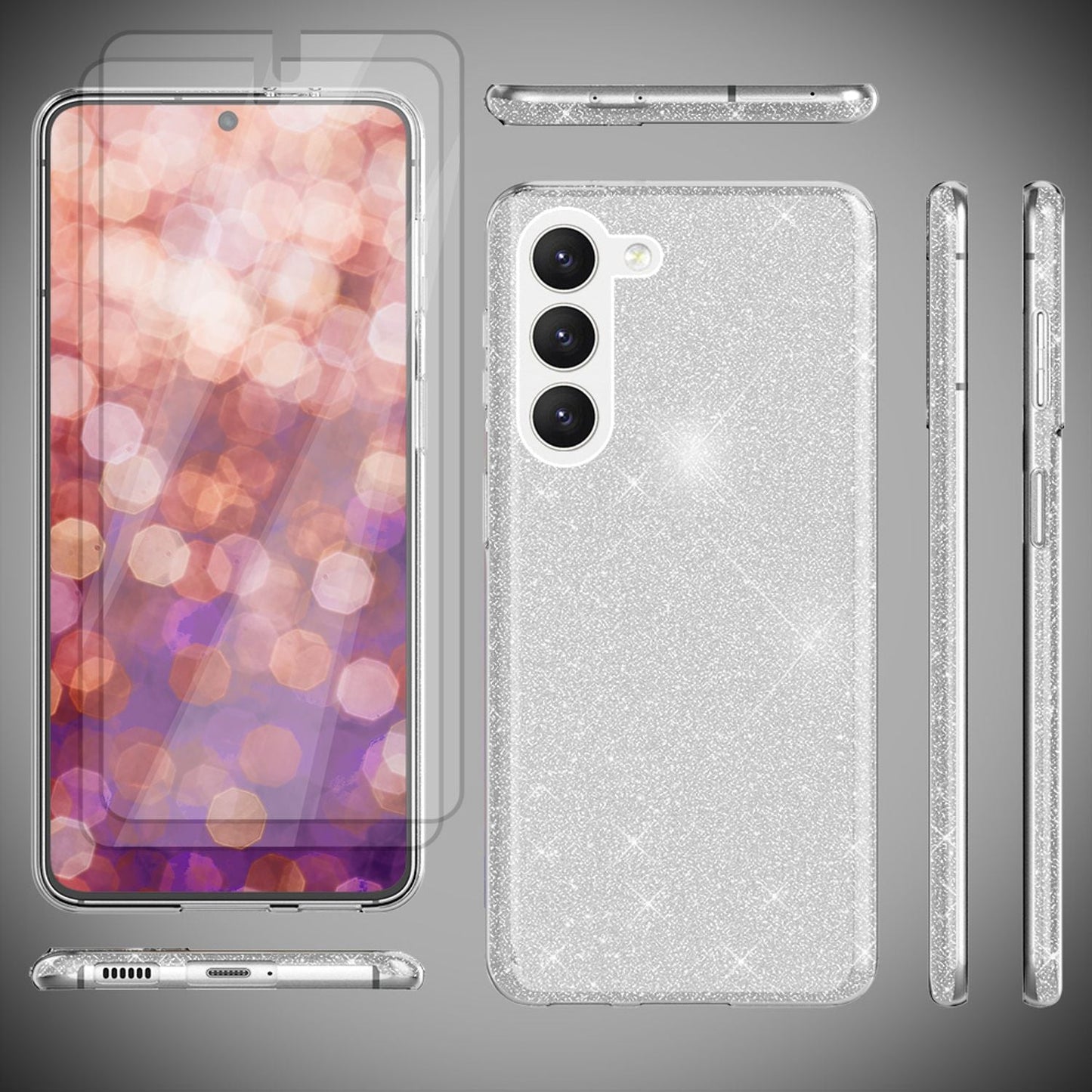 Glitter Hybrid Silicone Case for Samsung Galaxy S23, 2x Screen Protectors