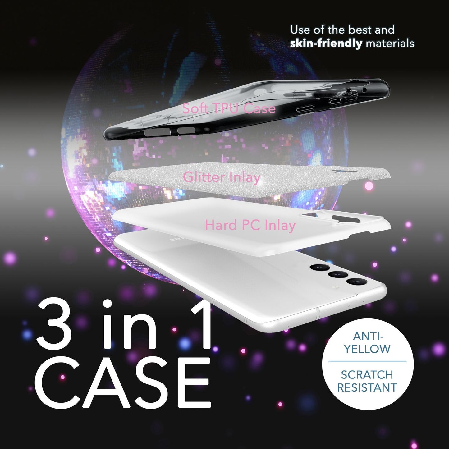 Glitter hybrid case for Samsung Galaxy S23 Plus, 2x glass screen protectors