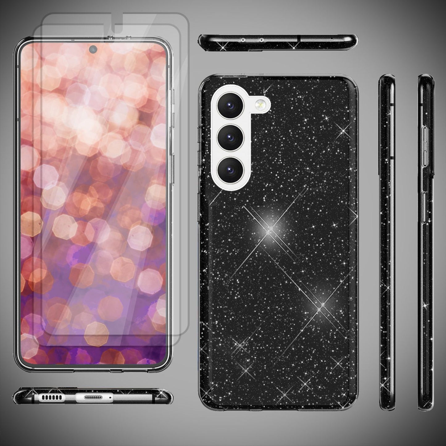 Glitter hybrid case for Samsung Galaxy S23 Plus, 2x glass screen protectors