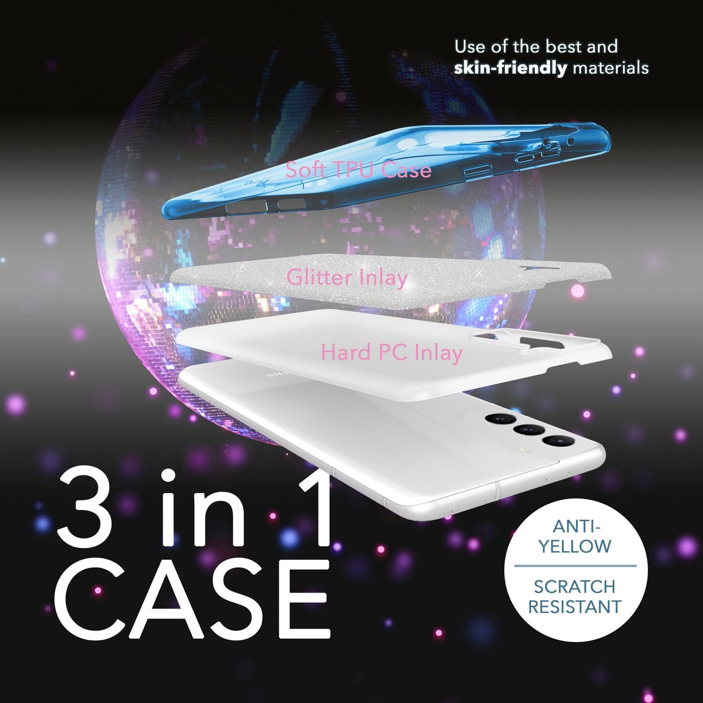 Glitter hybrid case for Samsung Galaxy S23 Plus, 2x glass screen protectors