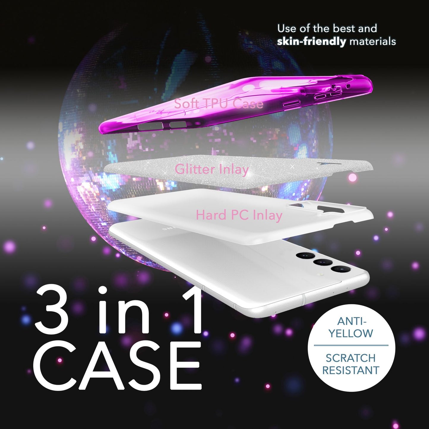 Glitter hybrid case for Samsung Galaxy S23 Plus, 2x glass screen protectors