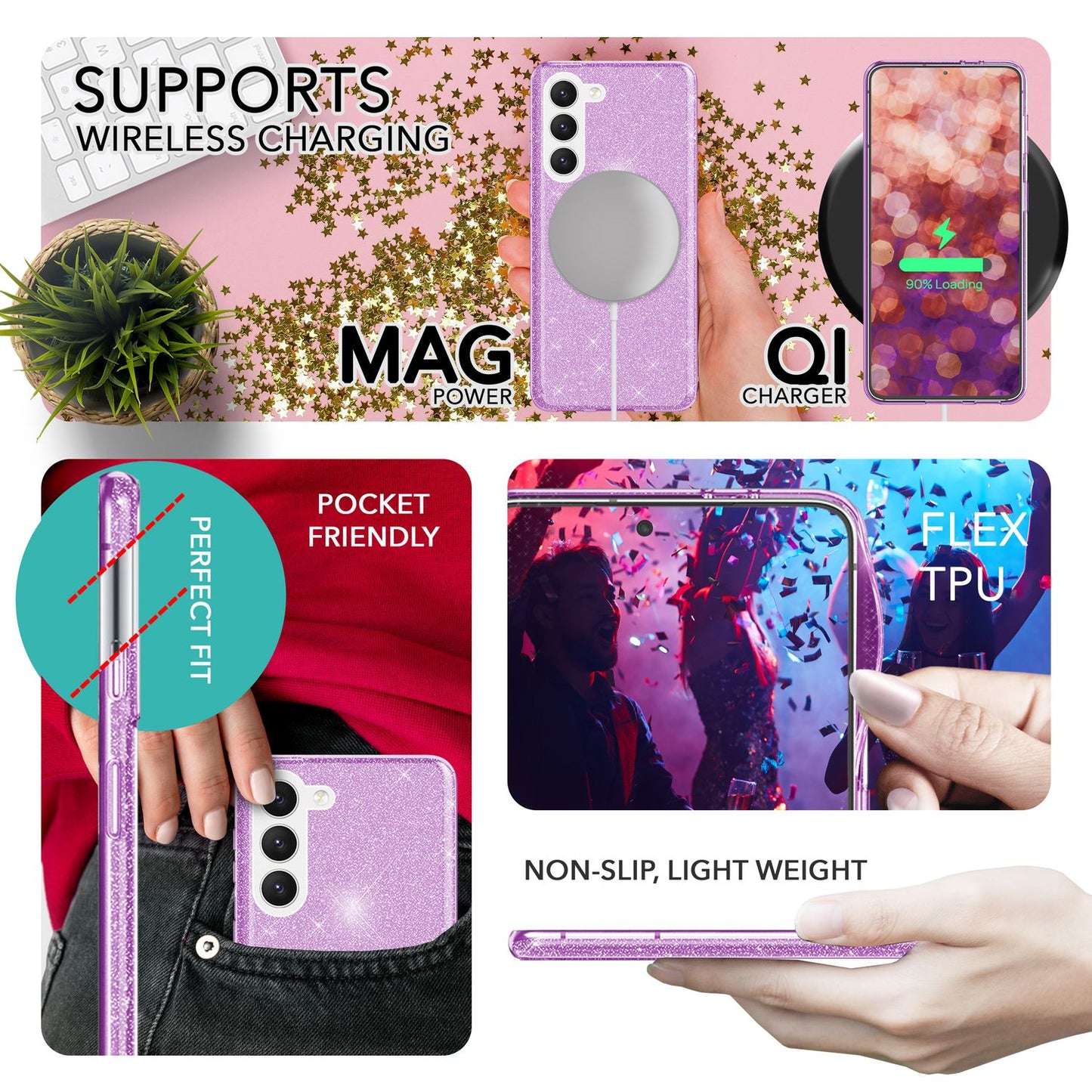 Glitter hybrid case for Samsung Galaxy S23 Plus, 2x glass screen protectors