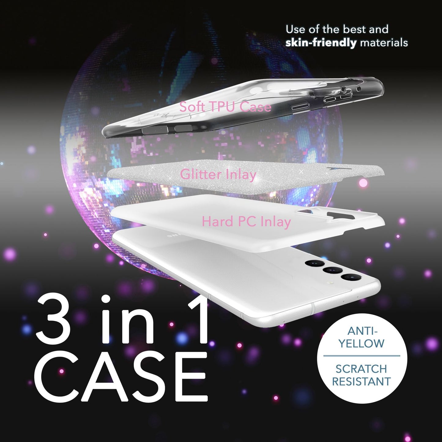 Glitter hybrid case for Samsung Galaxy S23 Plus, 2x glass screen protectors