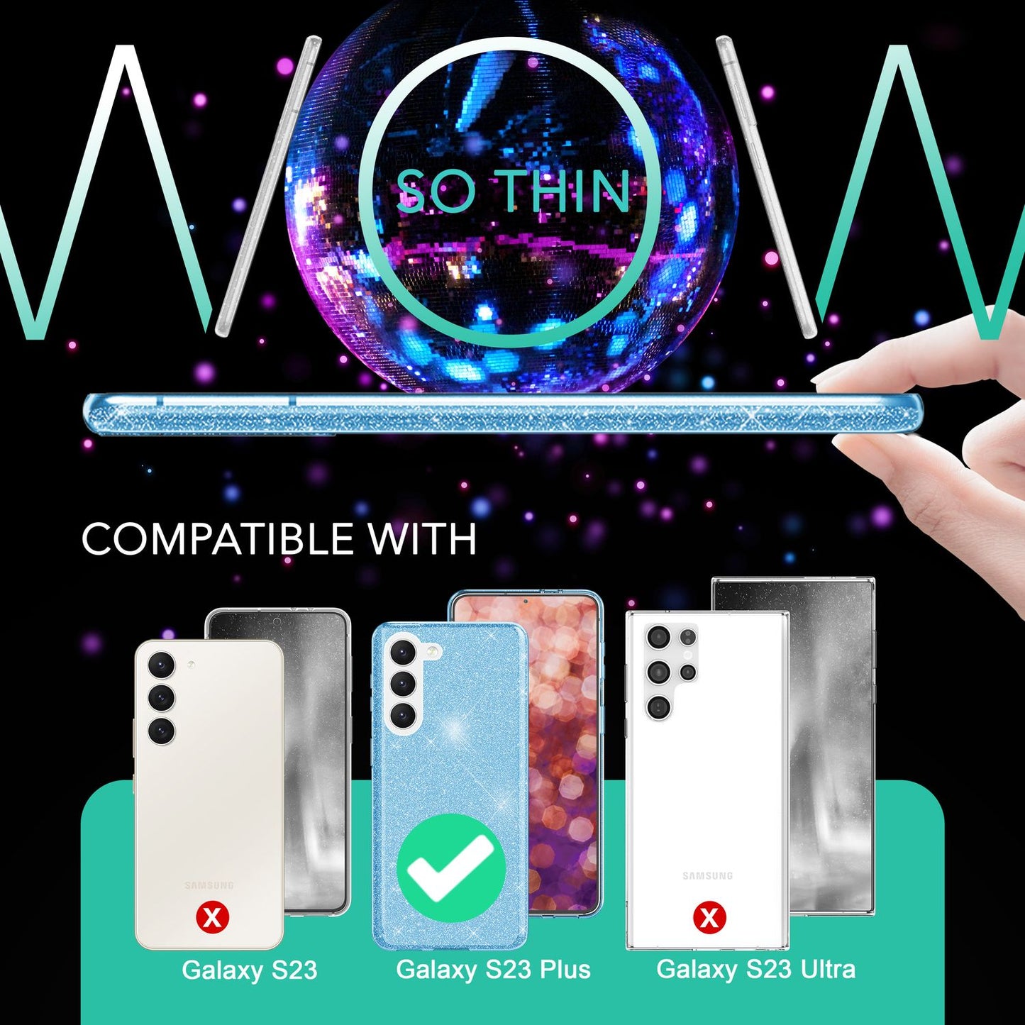 Glitter hybrid case for Samsung Galaxy S23 Plus, 2x glass screen protectors