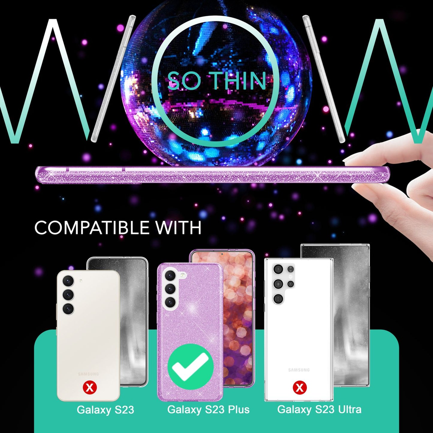 Glitter hybrid case for Samsung Galaxy S23 Plus, 2x glass screen protectors