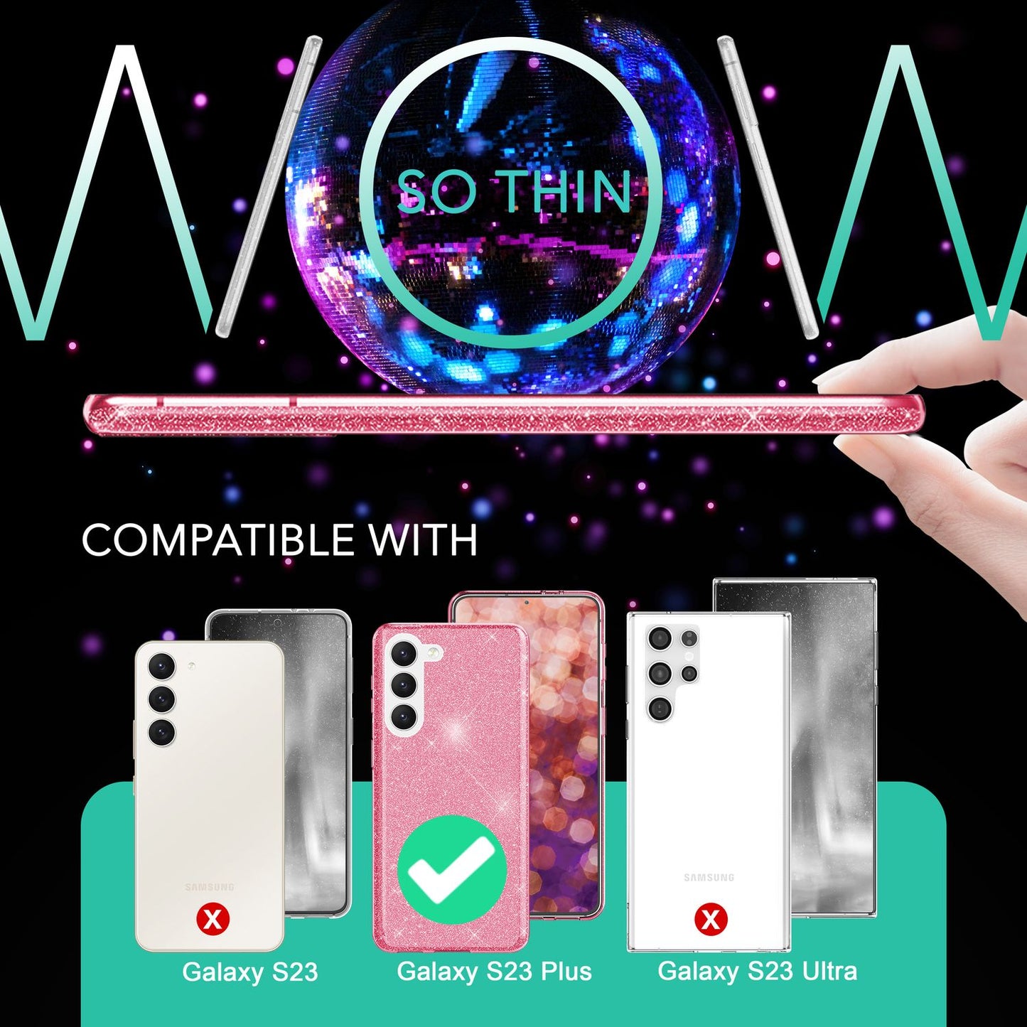 Glitter hybrid case for Samsung Galaxy S23 Plus, 2x glass screen protectors