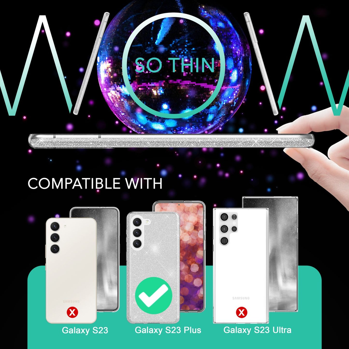 Glitter hybrid case for Samsung Galaxy S23 Plus, 2x glass screen protectors