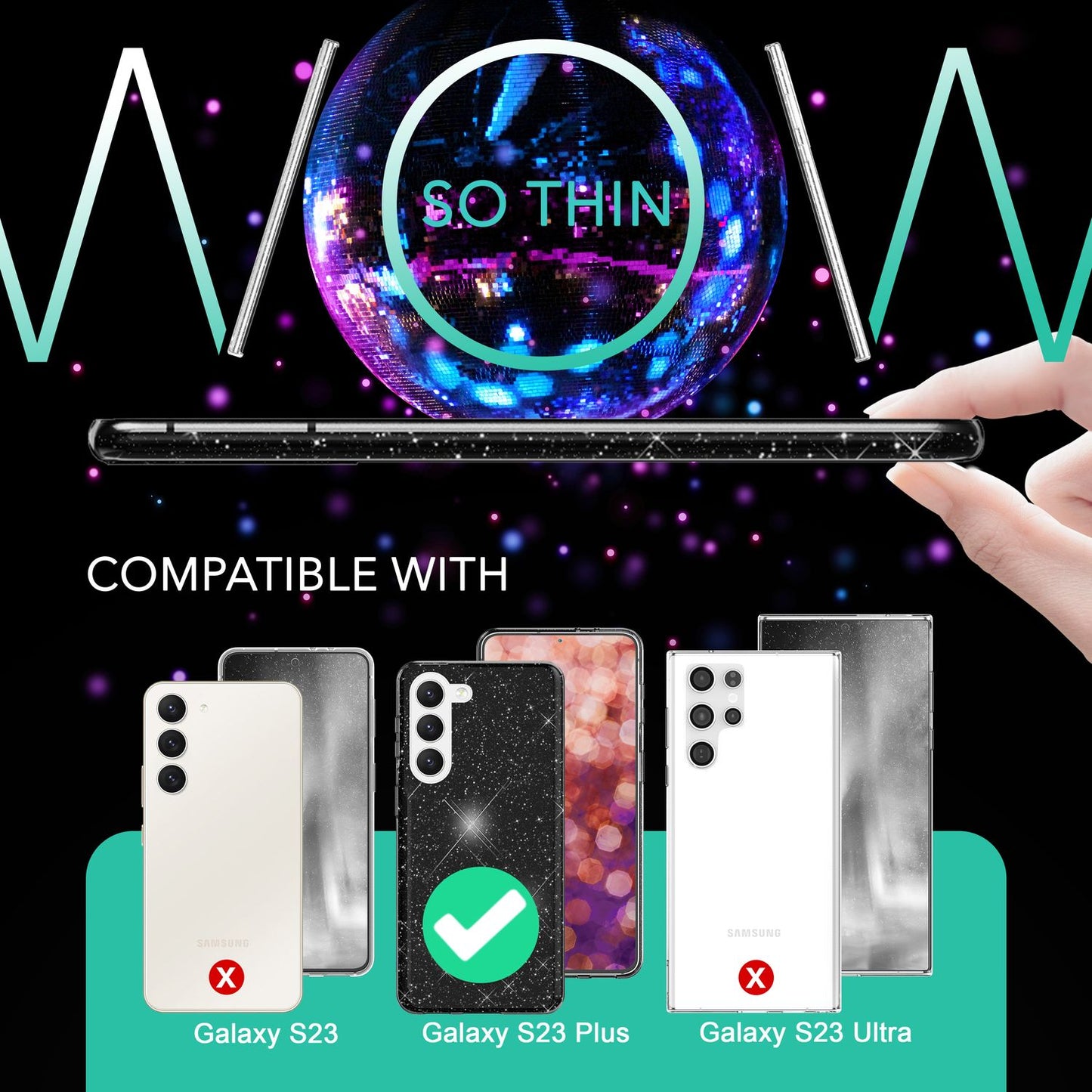 Glitter hybrid case for Samsung Galaxy S23 Plus, 2x glass screen protectors