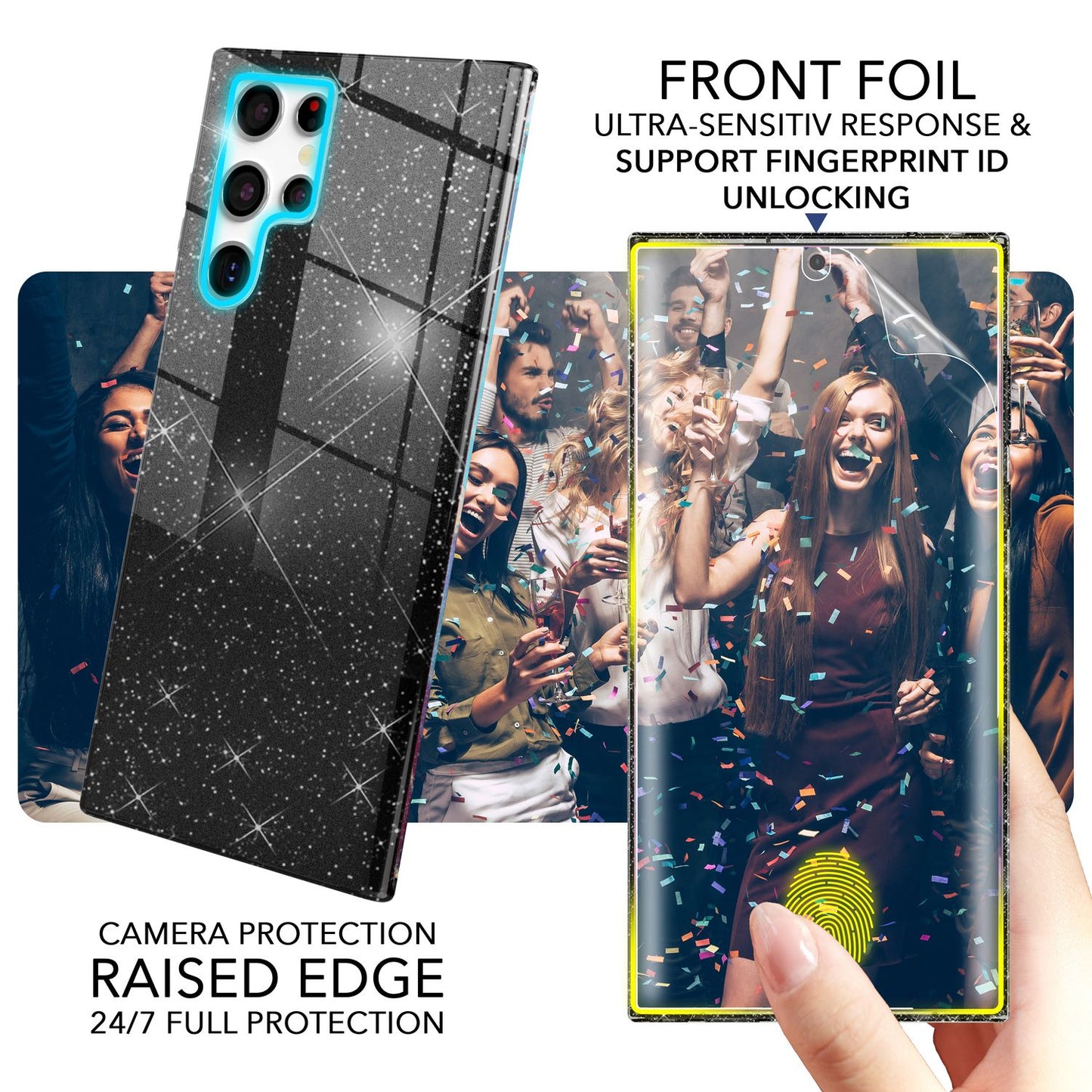 Glitzer Hybrid Hülle für Samsung Galaxy S23 Ultra, 2x Displayschutz