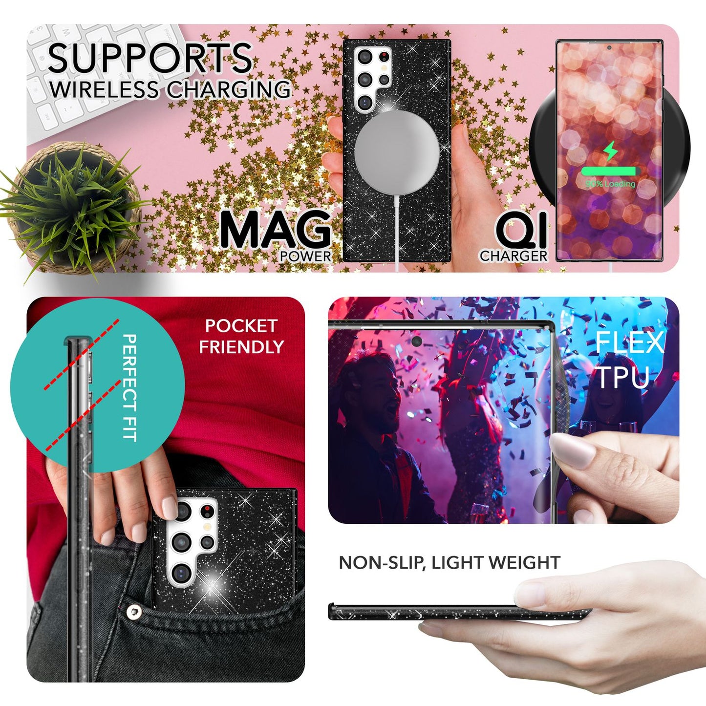 Glitzer Hybrid Hülle für Samsung Galaxy S23 Ultra, 2x Displayschutz