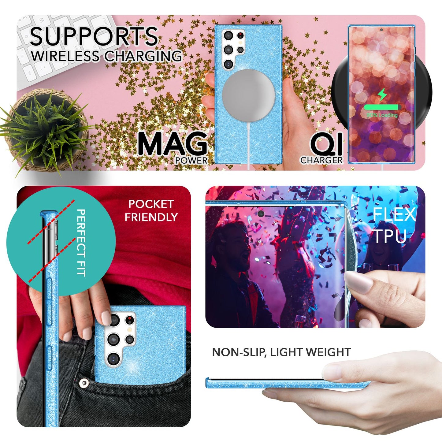 Glitzer Hybrid Hülle für Samsung Galaxy S23 Ultra, 2x Displayschutz