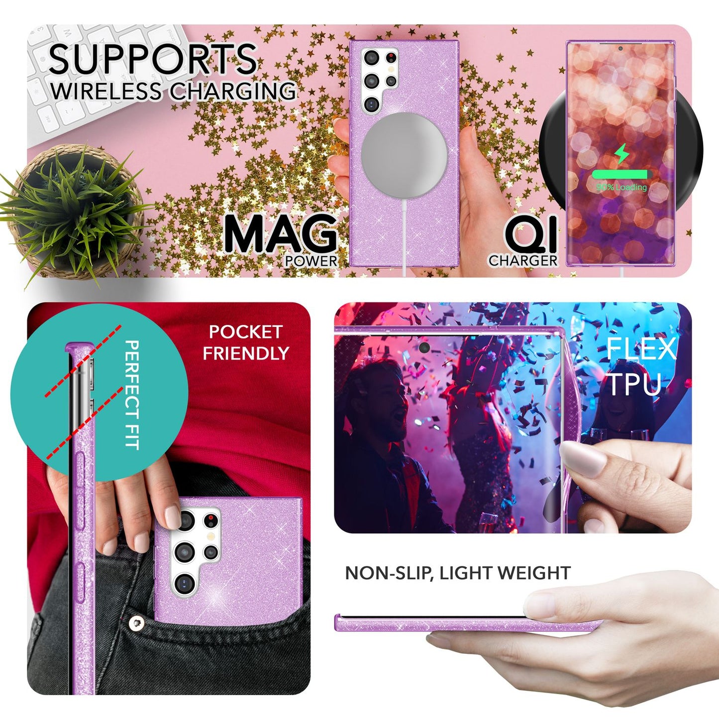 Glitzer Hybrid Hülle für Samsung Galaxy S23 Ultra, 2x Displayschutz