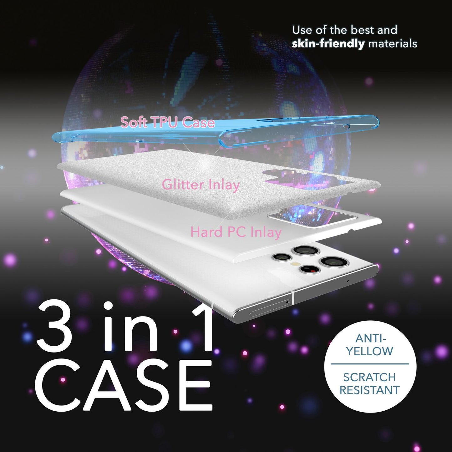 Glitzer Hybrid Hülle für Samsung Galaxy S23 Ultra, 2x Displayschutz