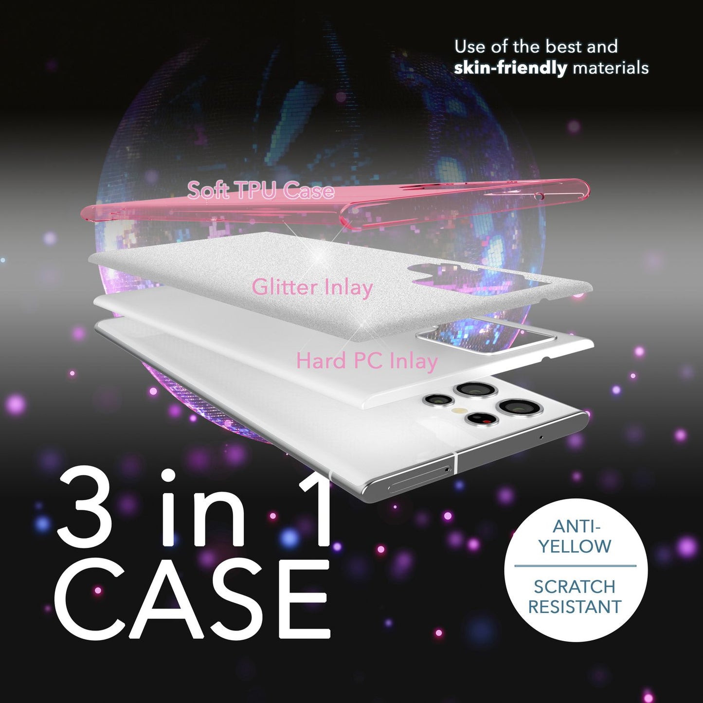Glitzer Hybrid Hülle für Samsung Galaxy S23 Ultra, 2x Displayschutz