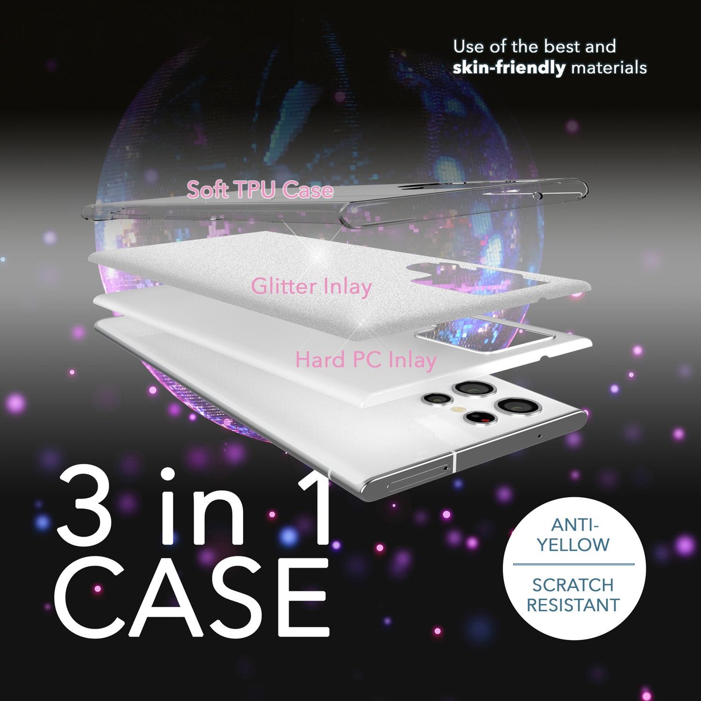 Glitzer Hybrid Hülle für Samsung Galaxy S23 Ultra, 2x Displayschutz