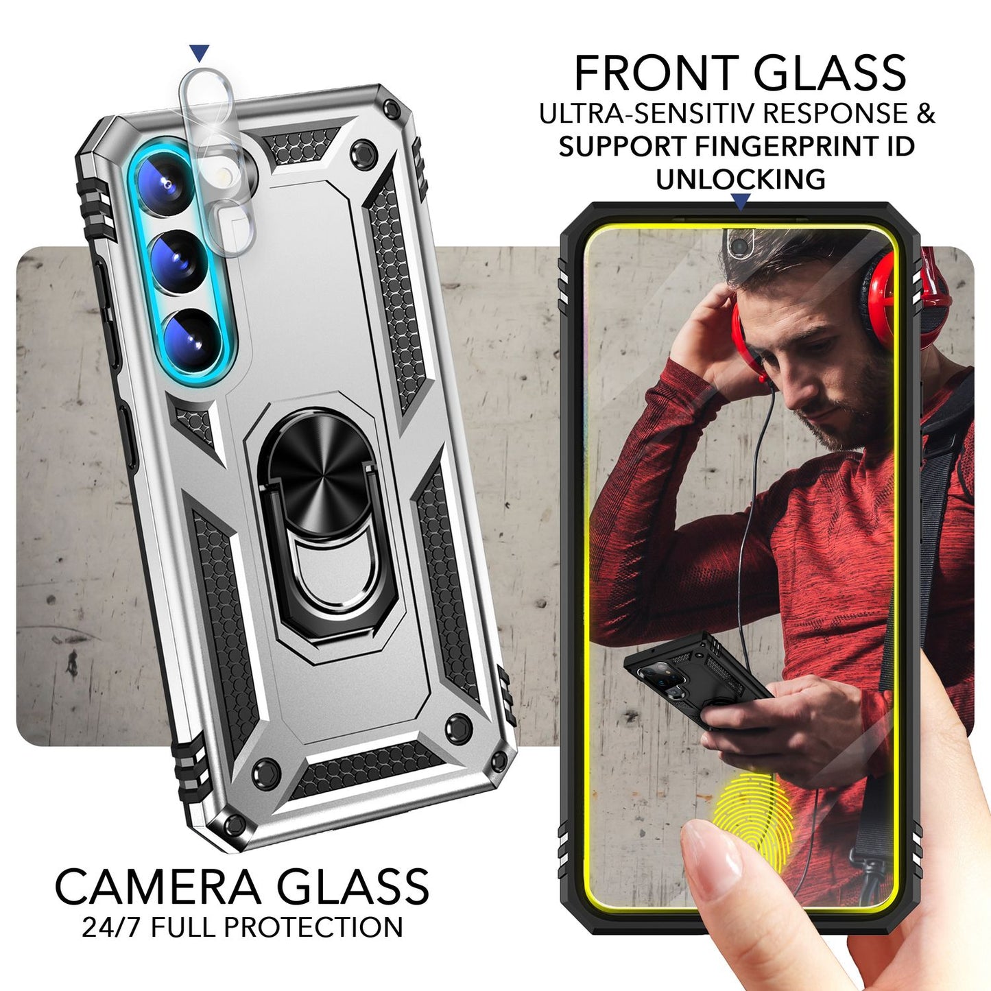 Herhringhulstur fyrir Samsung Galaxy S23, tvöfaldur skjá- og myndavélarvörn