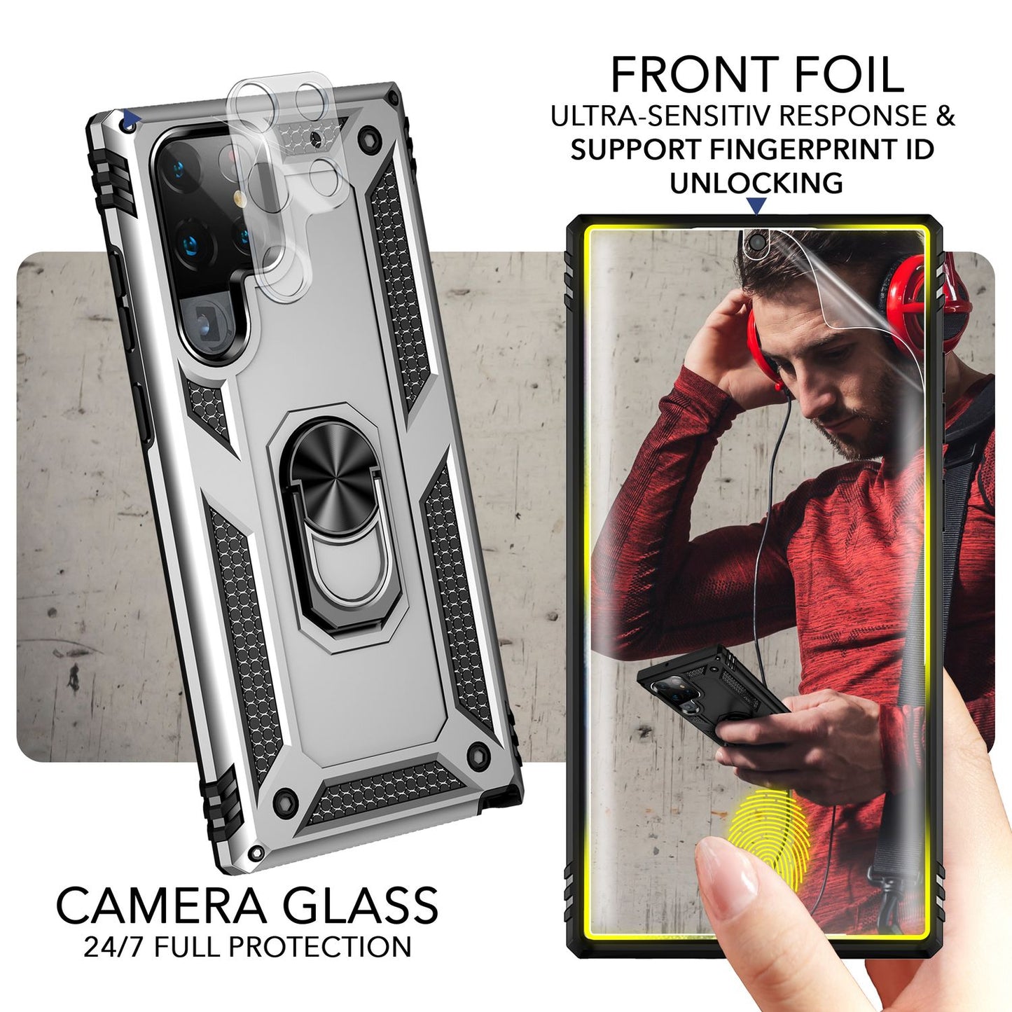 Sterkt hringhulstur fyrir Samsung Galaxy S23 Ultra, skjá-/myndavélavörn