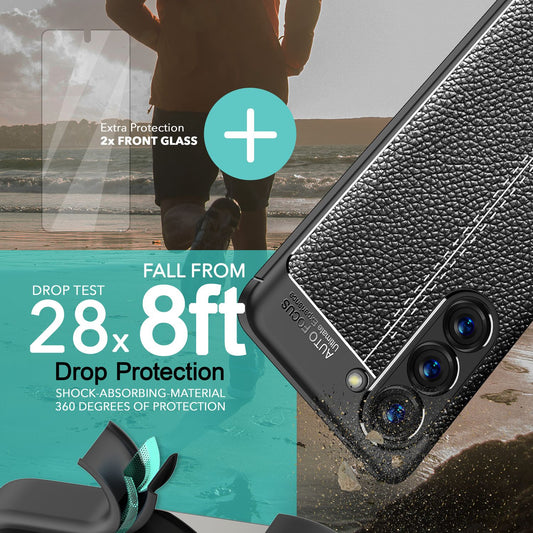 Leather-look silicone case for Samsung Galaxy S23, 2x glass screen protectors, black