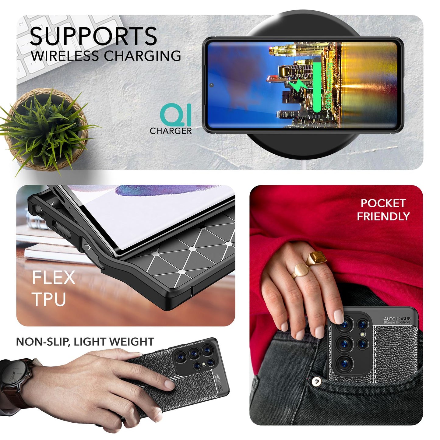 Leðurlíkt sílikonhulstur fyrir Samsung Galaxy S23 Ultra, 2x skjávörn, svart