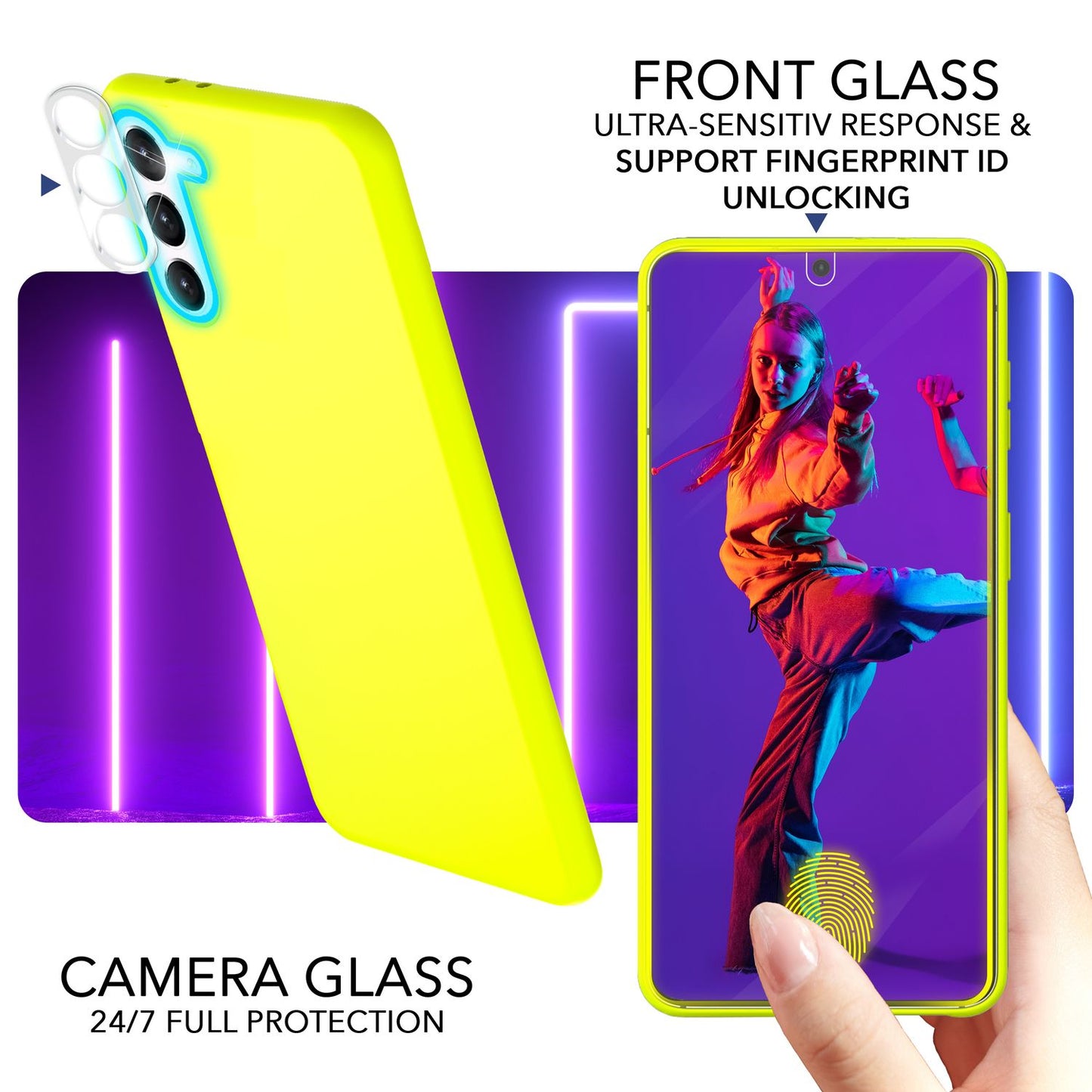 Neon silicone case for Samsung Galaxy S23, 2x screen &amp; camera protection