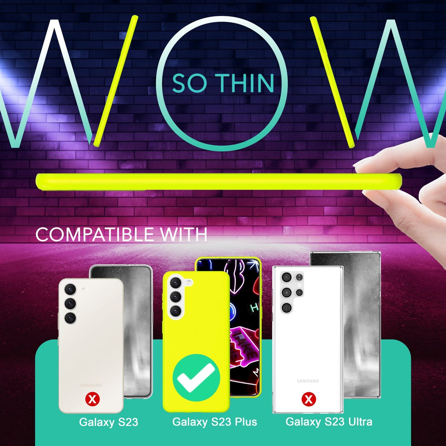 Neon sílikon hulstur fyrir Samsung Galaxy S23 Plus, tvöföld skjá-/myndavélarvörn